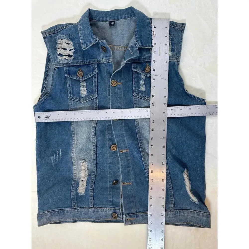 Distressed Denim Motorcycle Jacket Ripped Slashed Patched